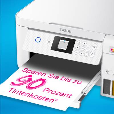 Weißer Drucker mit einem Blatt Papier, auf dem steht: 'Sparen Sie bis zu 90 Prozent Tintenkosten'.