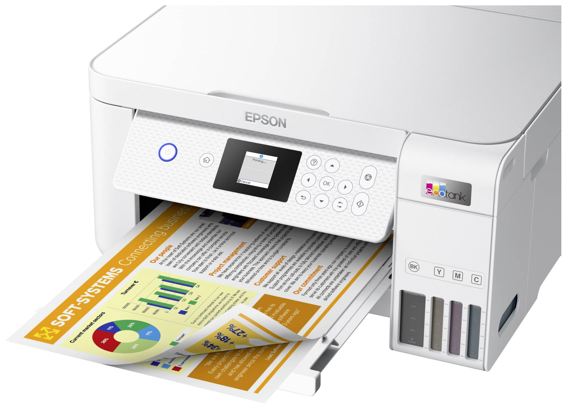 Ein weißer Drucker druckt bunte Infografiken aus. Die Grafik zeigt Diagramme und Statistiken mit farbenfrohen Balken und Kreisdiagrammen.