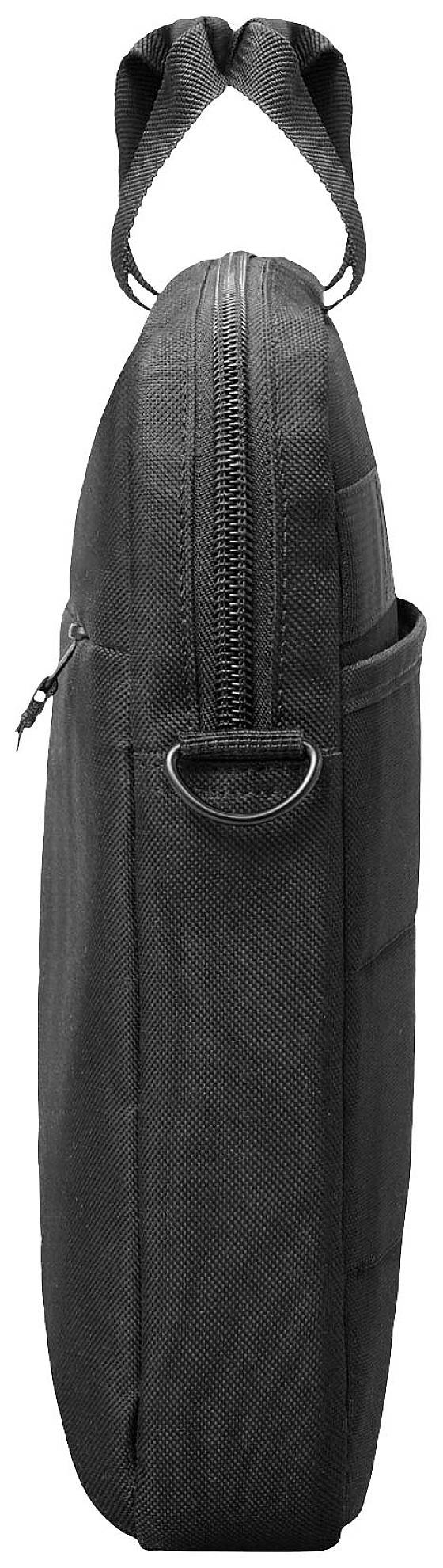 Schwarze Laptop-Tasche mit Tragegriffen, Seitenansicht.