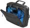 Eine schwarze Laptoptasche mit blauen Innentaschen, gefüllt mit Schreibutensilien und Dokumenten. Sie hat zwei Hauptfächer mit Reißverschlüssen.