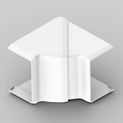 Weißes 3D-gedrucktes Objekt mit geometrischem Design, ähnlich einem stilisierten Pfeil oder Dach. Es steht aufrecht auf einer grauen Oberfläche.