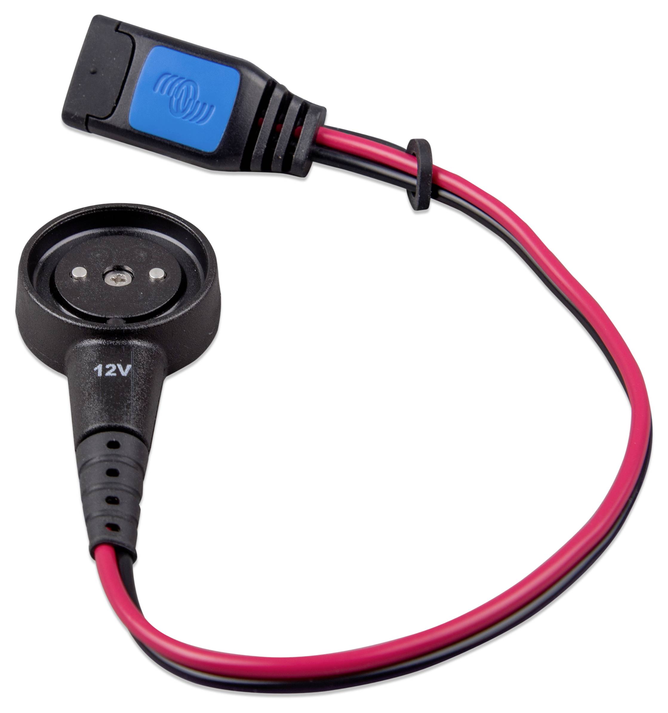 Ein 12V-Rundsteckverbinder mit roten und schwarzen Kabeln, die an einen blauen und schwarzen Kunststoffstecker angeschlossen sind.