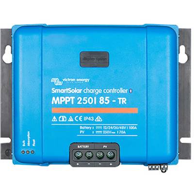 Blauer SmartSolar Laderegler von Victron Energy, Modell MPPT 250/85-TR, zeigt Batterieanschlüsse und Stromspezifikationen.