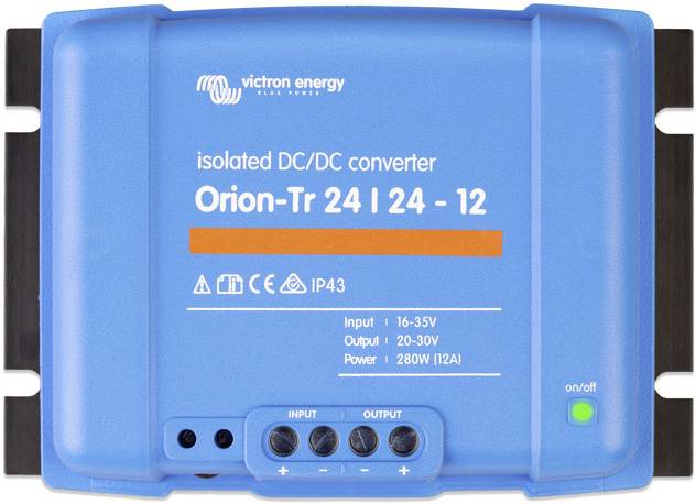 Blauer DC/DC-Wandler von Victron Energy mit der Aufschrift 'Orion-Tr 24 | 24 - 12', zeigt Eingangs- und Ausgangsanschlüsse.
