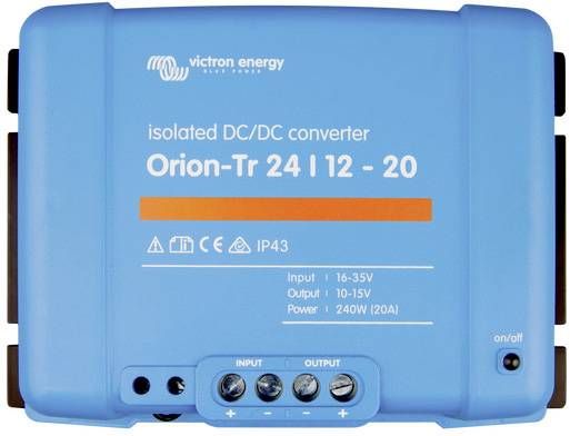Blauer DC/DC-Konverter von Victron Energy, Modell 'Orion-Tr 24|12-20'. Eingang: 16-35V, Ausgang: 10-15V, Leistung: 240W.