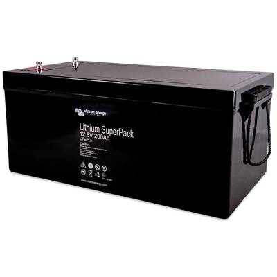 Schwarze Lithium-Ionen-Batterie von Victron Energy, Modell 'Lithium SuperPack 12,8V-200Ah LiFePO4', ideal für Energiespeicher.