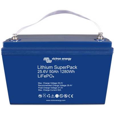 Blauer Lithium SuperPack-Akku von Victron Energy, 25,6V, 50Ah, 1280Wh, mit Tragegriff. Text und technische Daten auf der Vorderseite.