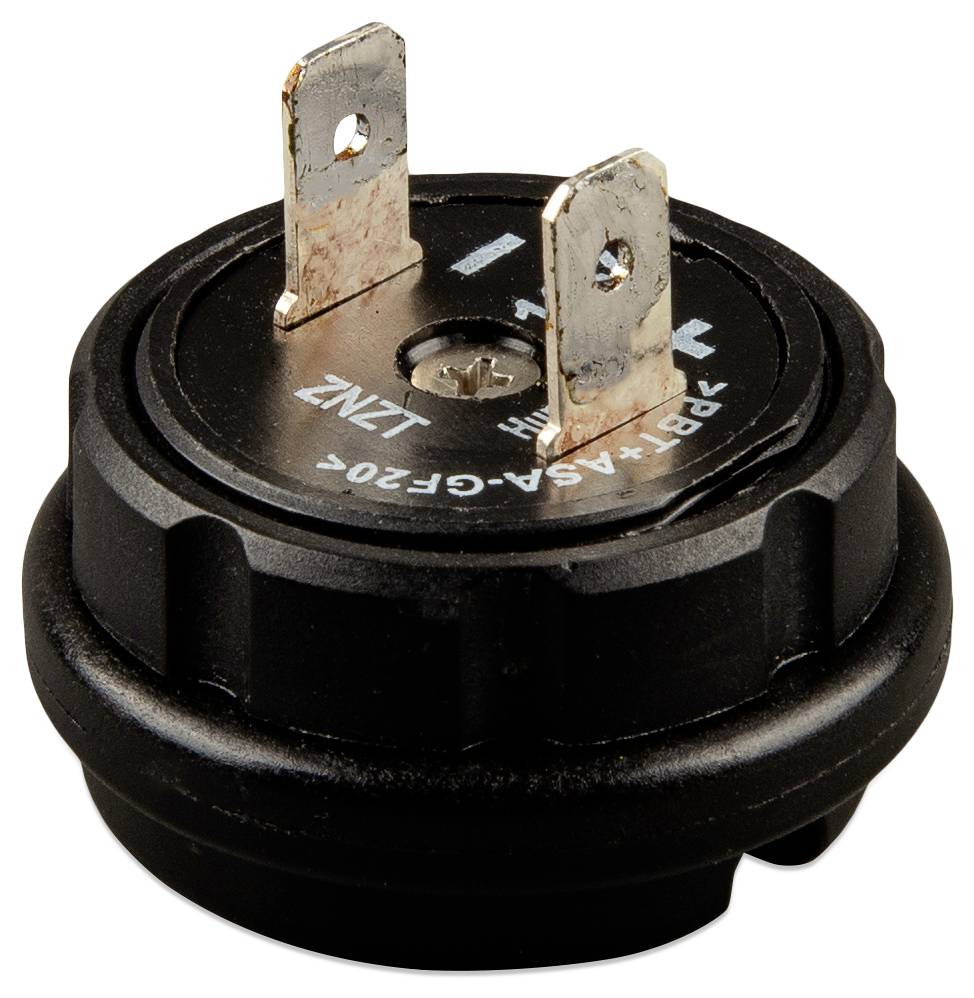 Ein schwarzer und metallischer, kreisförmiger elektrischer Stecker mit zwei Zinken, versehen mit der Beschriftung 'LZKZ' und positiven sowie negativen Symbolen, ausgelegt für Verbindungszwecke.