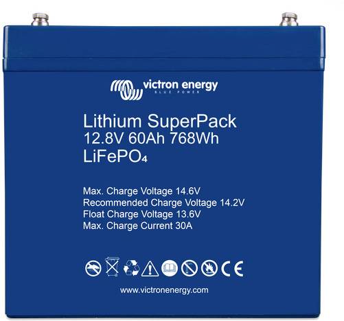 Batterie von Victron Energy, Modell 'Lithium SuperPack' 12,8V 60Ah 768Wh LiFePO4, maximale Ladung 30A, maximale Ladespannung 14,6V.
