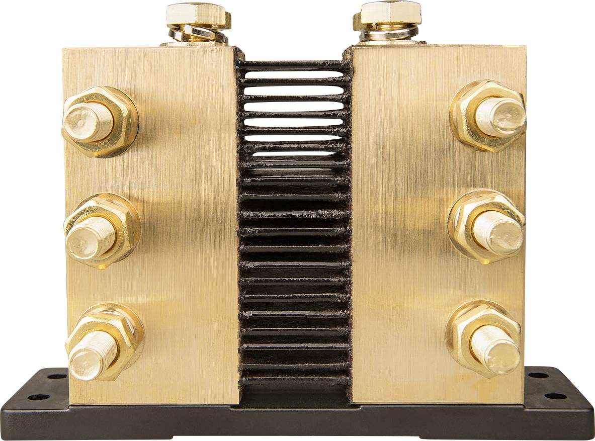 Ein elektrischer Leistungstrenner oder Shunt-Widerstand mit mehreren Schraubverbindungen und einer mittigen Metallplatte.