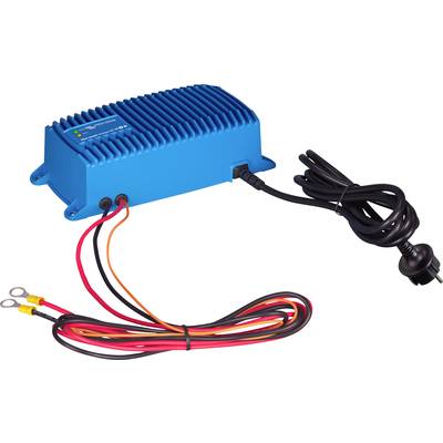 Blauer Batterieladegerät mit schwarzem Stromkabel und rot-schwarzen Anschlüssen zur Verwendung in elektronischen Geräten.