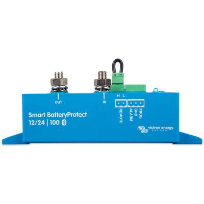 Ein blaues 'Smart BatteryProtect' Gerät von Victron Energy zur Batteriesicherung, zeigt Anschlüsse für Ausgänge, Alarm und Fernsteuerung.