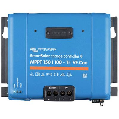 Blauer Laderegler mit der Aufschrift 'Victron Energy SmartSolar MPPT 150 | 100 - Tr VE.Can', Anschlüsse für Batterie und PV.