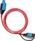Ein rotes, spiralförmig gewickeltes Kabel mit blauen Steckverbindern an beiden Enden, geeignet für elektrische Anschlüsse.
