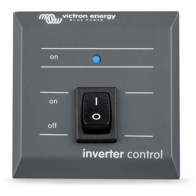 Schalterplatte mit Aufschrift 'inverter control'. Schalter zeigt 'on' an. Markenname oben: 'victron energy BLUE POWER'.