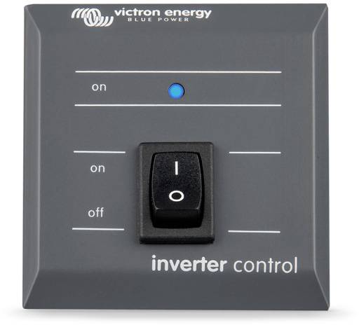 Schalter zur Steuerung eines Wechselrichters von Victron Energy. Schalterposition mit 'I' für 'Ein' und blauer Indikator oben.