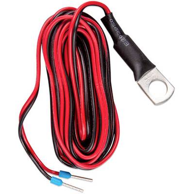 Ein rotes und schwarzes Verbindungskabel mit Metallringöse und abisolierten Enden. Geeignet für elektrische Installationen.