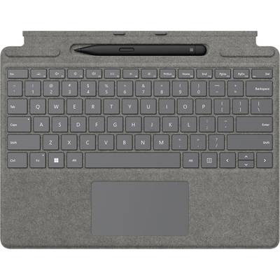 Eine graue, abnehmbare Tastatur mit einem Touchpad, darauf ein Eingabestift in einer Halterung. Ideal für Tablets oder Laptops.