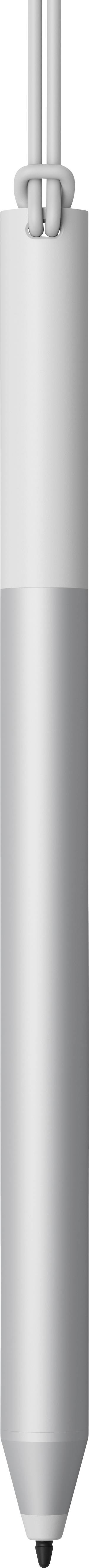 Ein silberner Kugelschreiber mit zwei Knöpfen an der Oberseite, in vertikaler Ausrichtung gegen einen weißen Hintergrund.