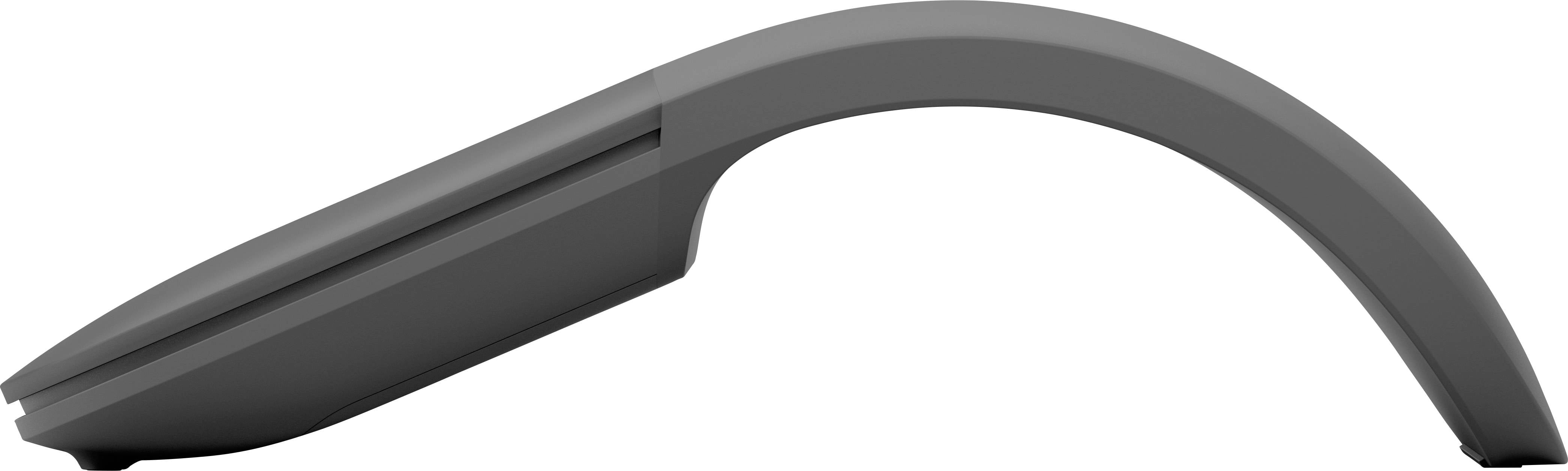 Graue, gebogene drahtlose Computermaus von der Seite, bekannt für ergonomisches Design, das sich an die Handform anpasst.