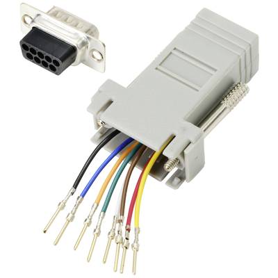 Ein grauer Adapterstecker mit farbigen Kabeln in Rot, Blau, Gelb, Grün und Schwarz. Daneben liegt ein schwarzer Anschluss.