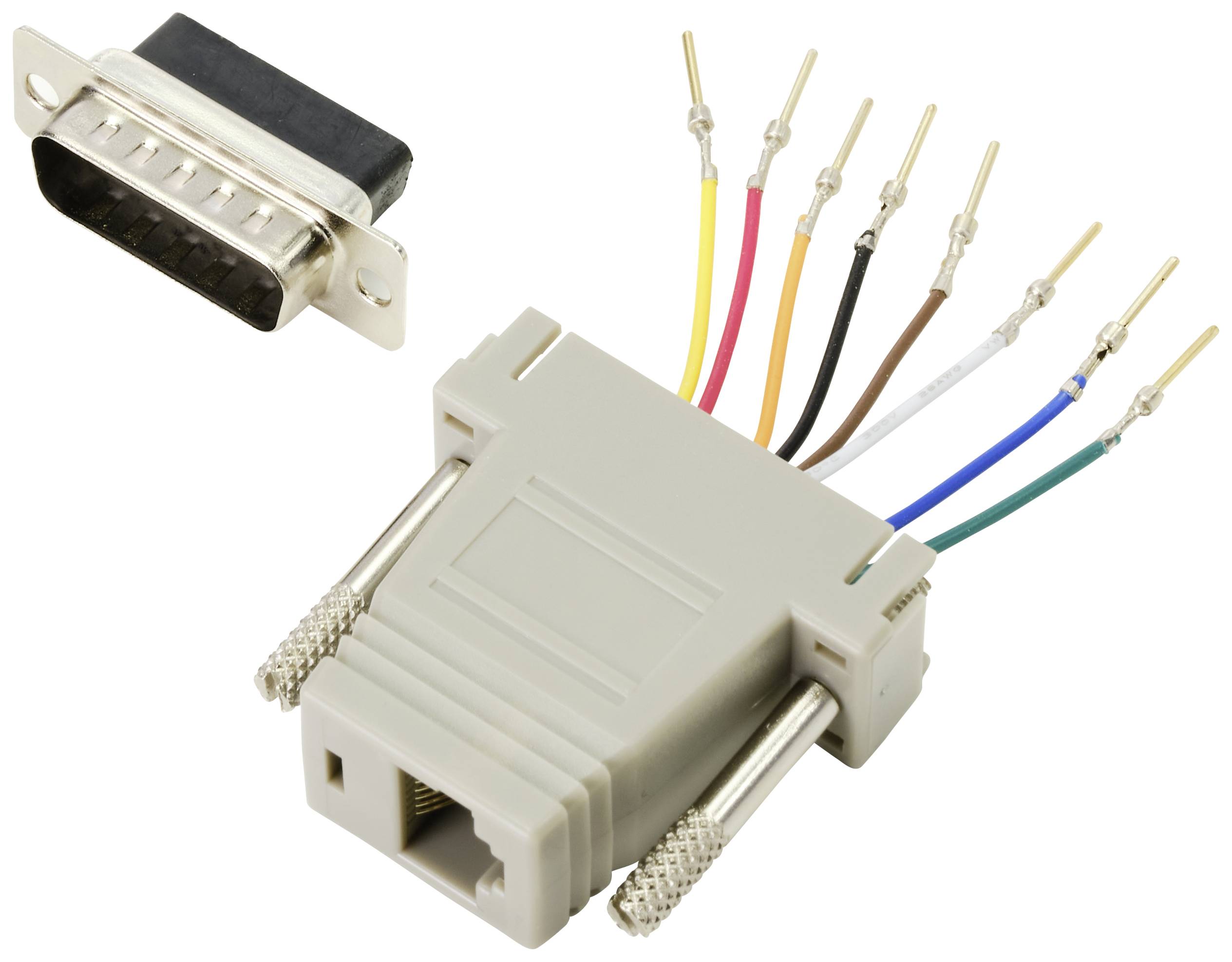 Ein serieller DB9-Stecker neben einem RJ45-Modul mit acht herausragenden, farbcodierten Kabeln zur Verbindung von Geräten.