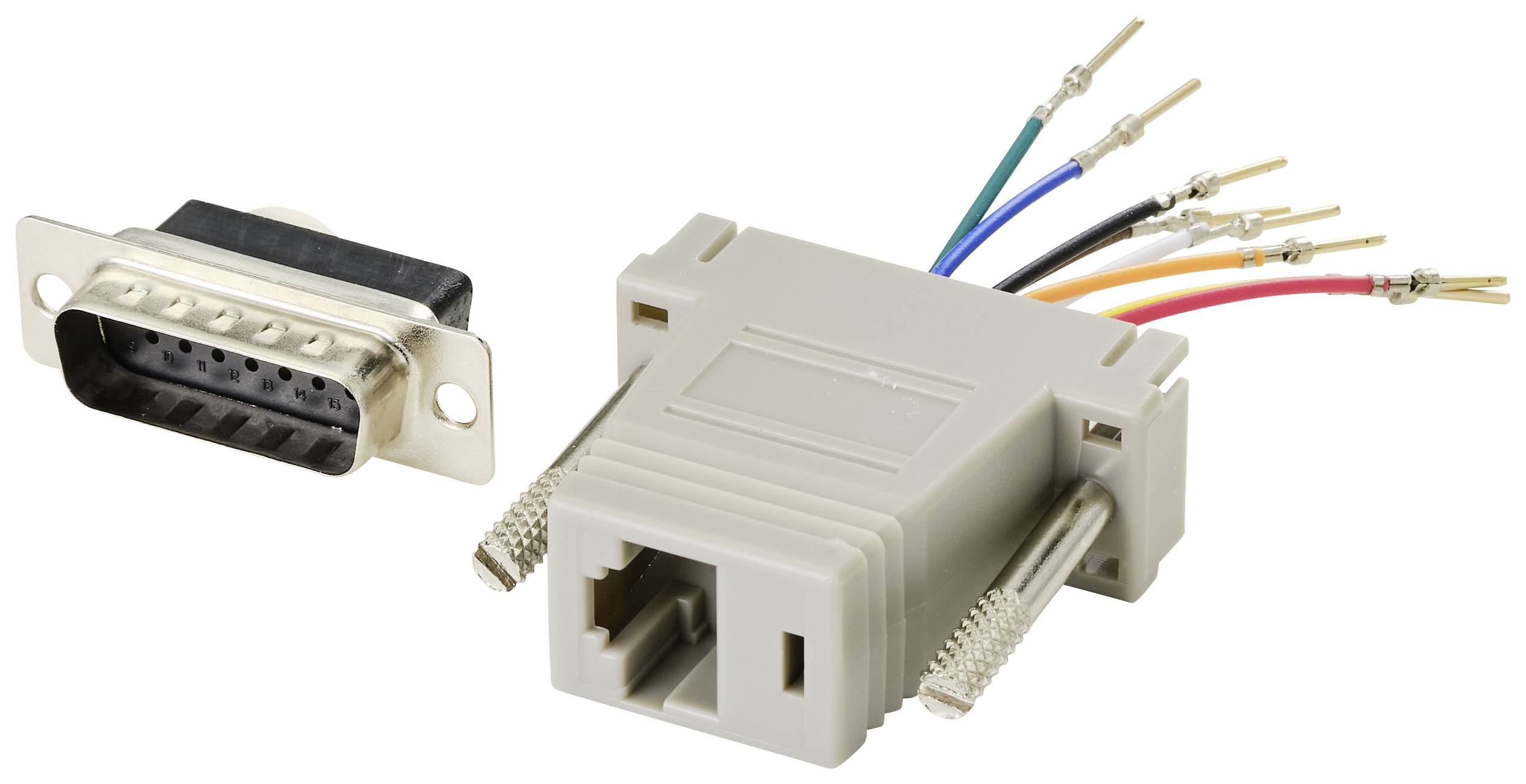 Ein DB9-Stecker neben einem RJ45-Adapter mit farbigen Drähten. Der Adapter hat Schrauben zur Befestigung und acht Anschlussdrähte.