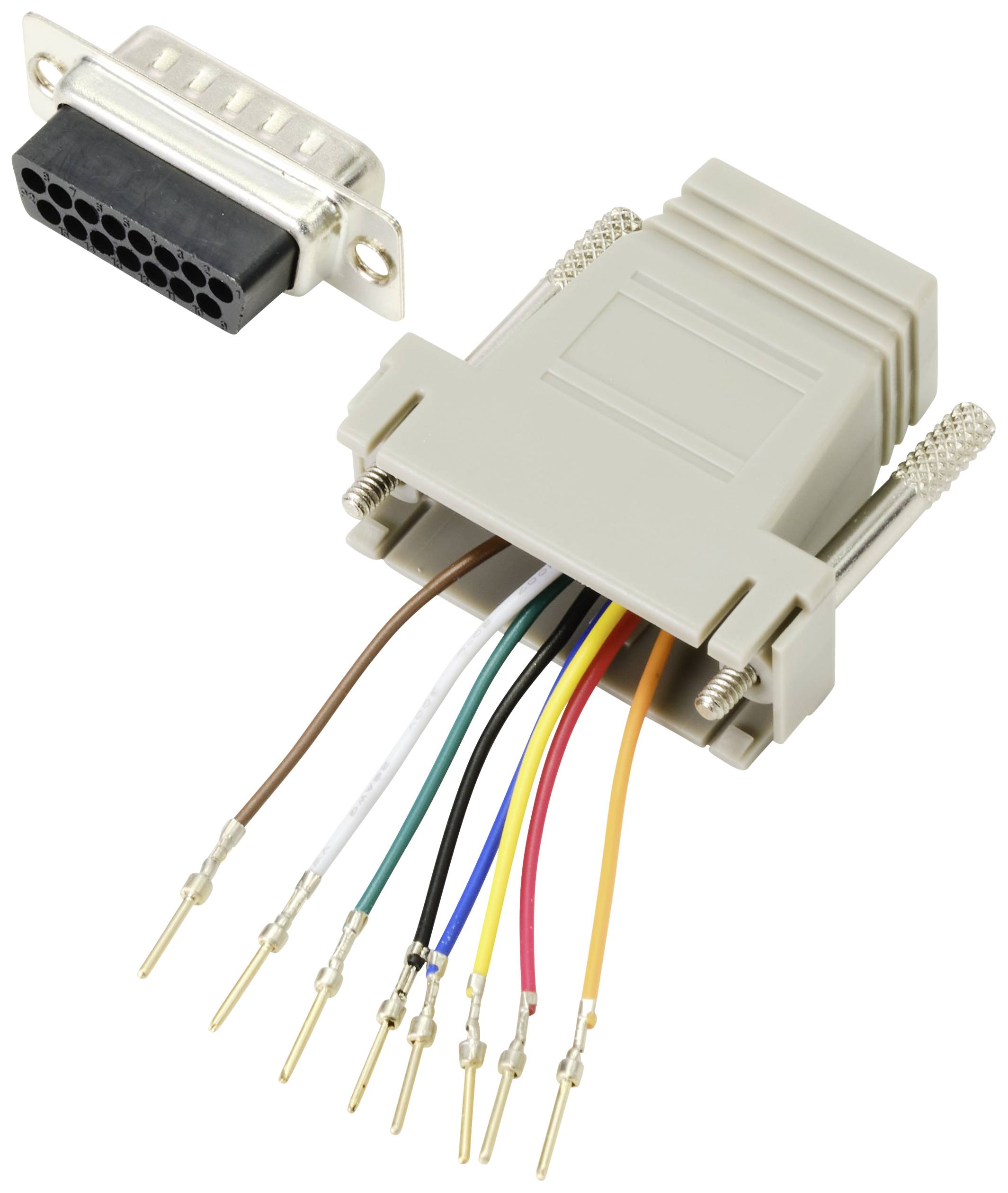 Steckverbindungen mit mehreren bunten Kabeln, die aus einem rechteckigen Stecker herausragen. Oberer Anschluss ist ein D-Sub-Stecker.