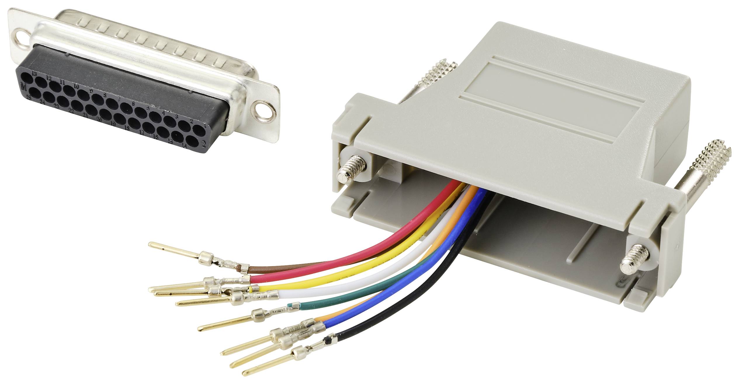 Ein offener DB25-Stecker mit farblich sortierten Kabeln: rot, schwarz, grün, blau und gelb, neben einer kompletten DB25-Buchse.