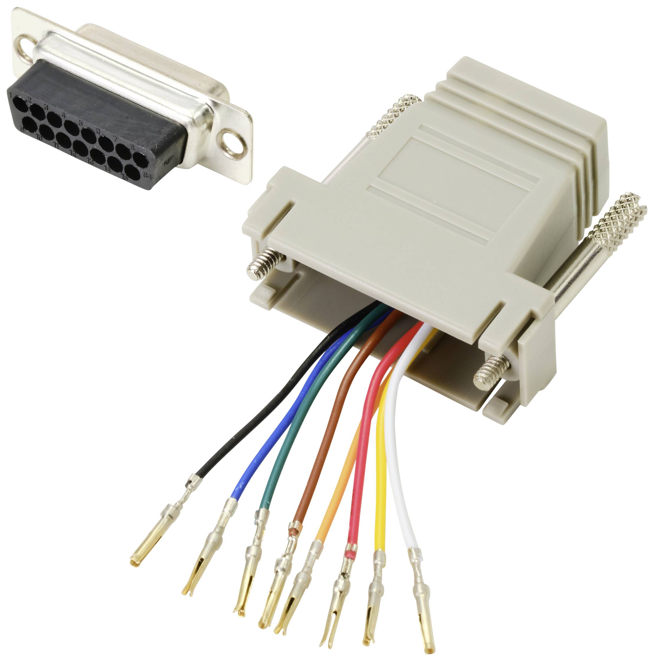 DB9-Stecker und Buchse mit offenen Drähten in verschiedenen Farben, die zur Verkabelung bereit sind.