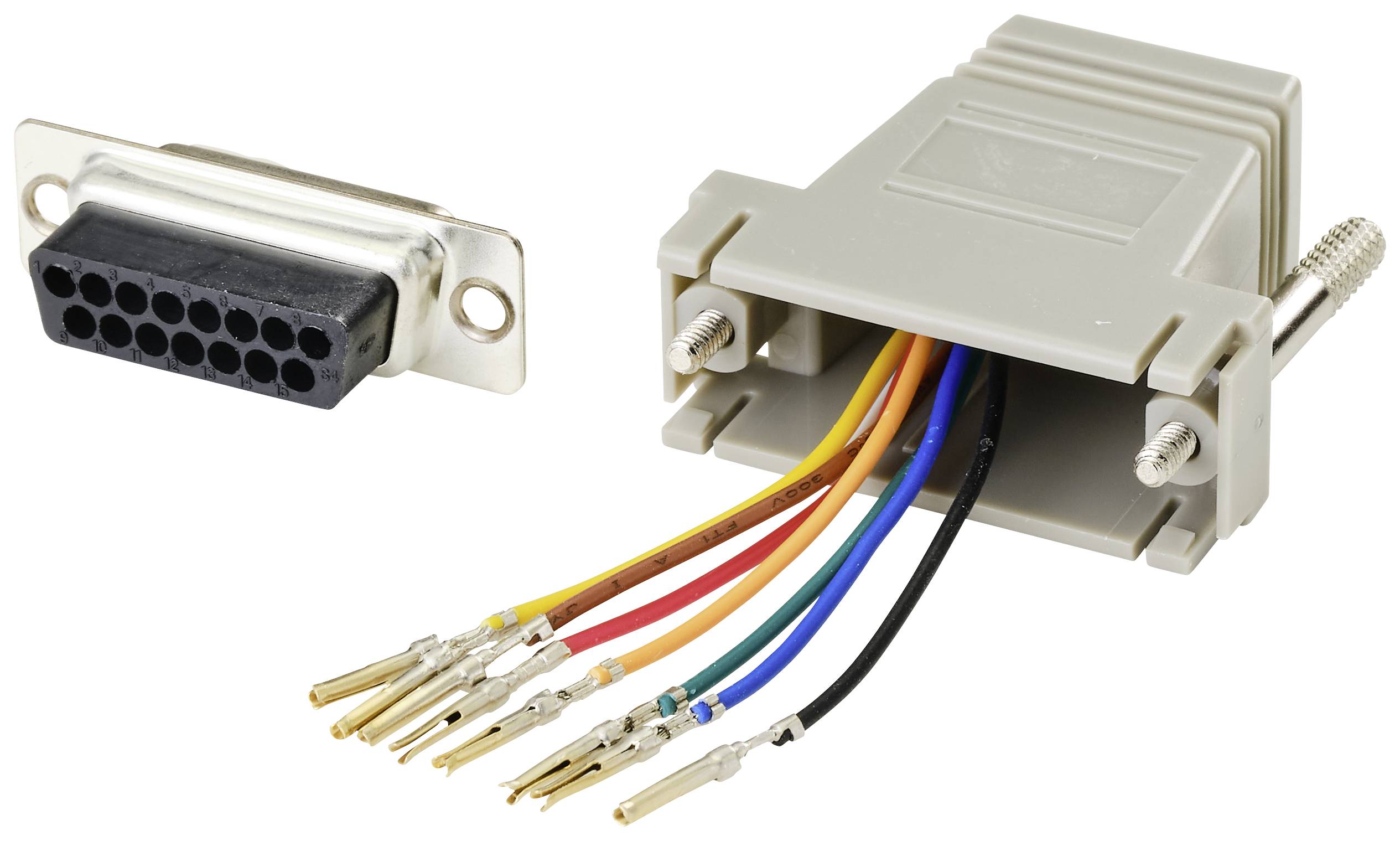 'DB15 Verbindungsstecker und geöffneter Adapter mit farbigen Kabeln und vergoldeten Pins'