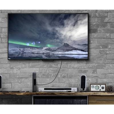 Ein Fernseher an einer grauen Backsteinwand zeigt ein Bild von schneebedeckten Bergen unter einem Nachthimmel mit grünlichem Polarlicht.