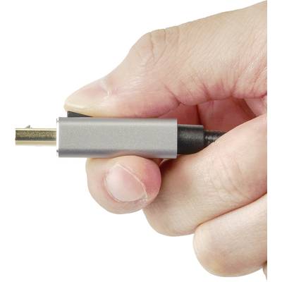 Eine Hand hält einen rechteckigen, grauen Stecker aus Metall mit einem schwarzen Kabel.