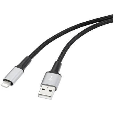 USB-Kabel mit USB-A- und Lightning-Anschluss, schwarz mit silbernen Enden. Geeignet zum Laden und Datentransfer für Apple-Geräte.
