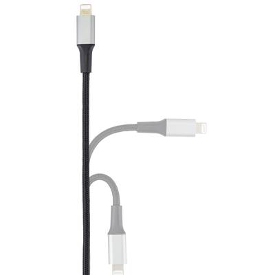 Drei Ladekabel mit verschiedenen Anschlüssen, jedes mit einem schlanken Design und unterschiedlichen Texturen, ragen aus einem Punkt heraus.