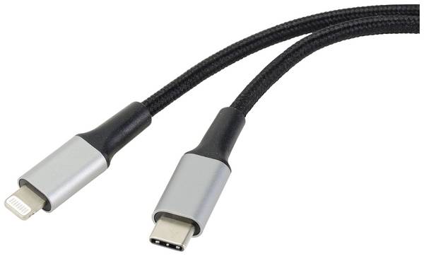 Renkforce USB-Kabel USB 2.0 USB-C® Stecker, Apple Lightning Stecker 2.00 m Schwarz Kabelmantel aus Recycling-Material, Extrem robuste Geflechtschirmung, Flexibel, extrem dünn RF-4995188
