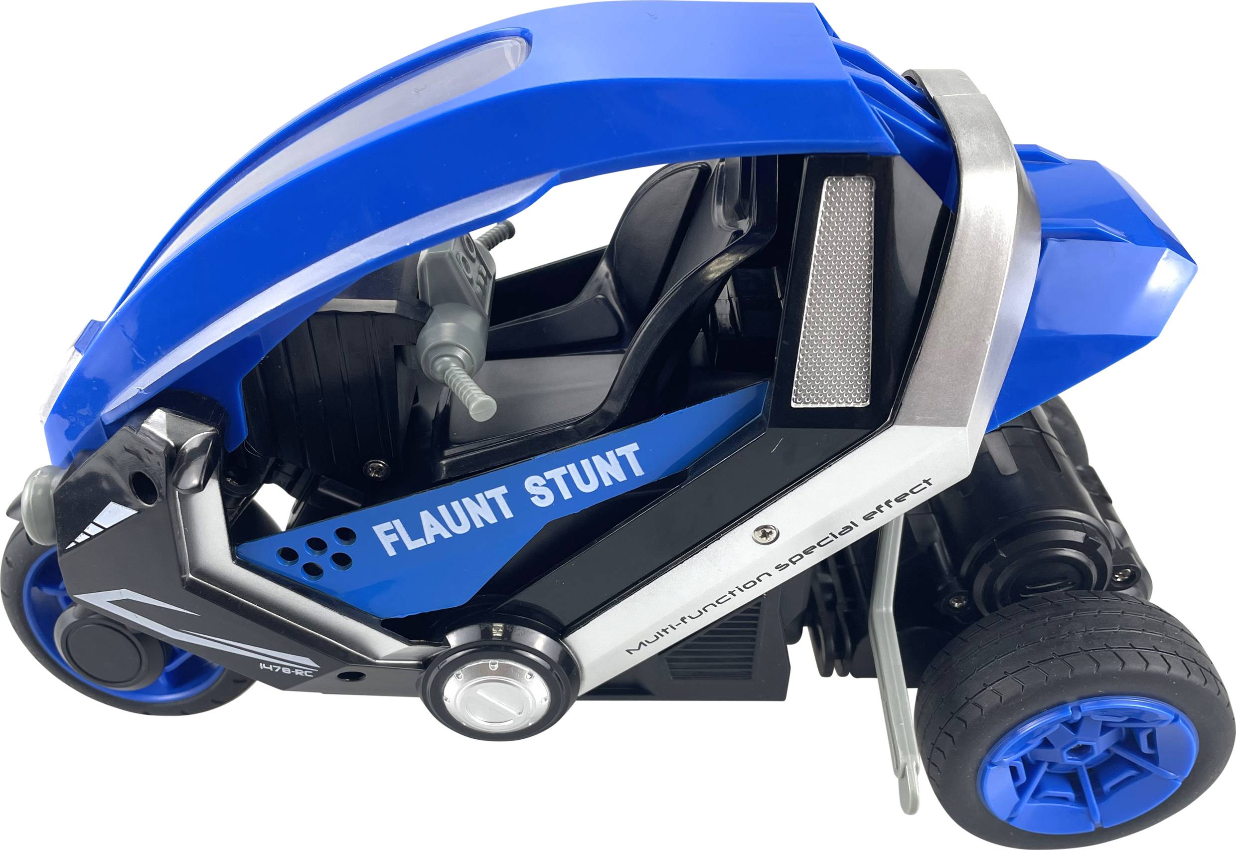Blaues und schwarzes Spielzeugauto mit drei Rädern und geschlossenem Cockpit. Aufschrift 'FLAUNT STUNT' an der Seite.