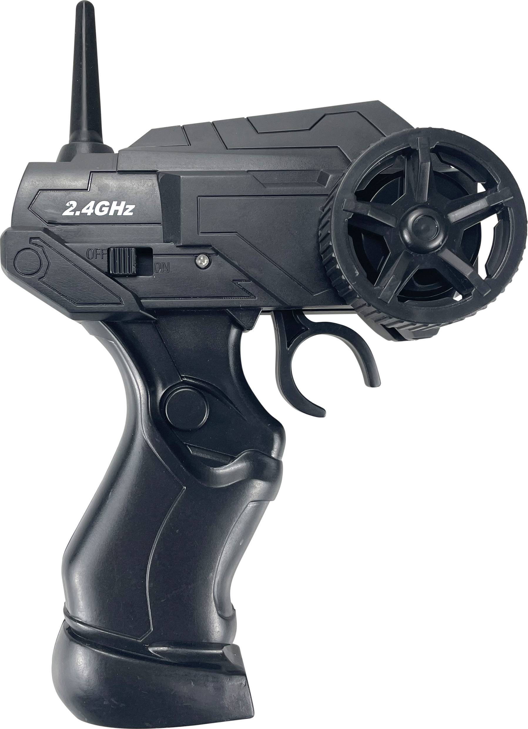 Eine schwarze 2,4 GHz-Fernbedienung mit Lenkrad und Abzug, ausgelegt für ferngesteuerte Fahrzeuge.