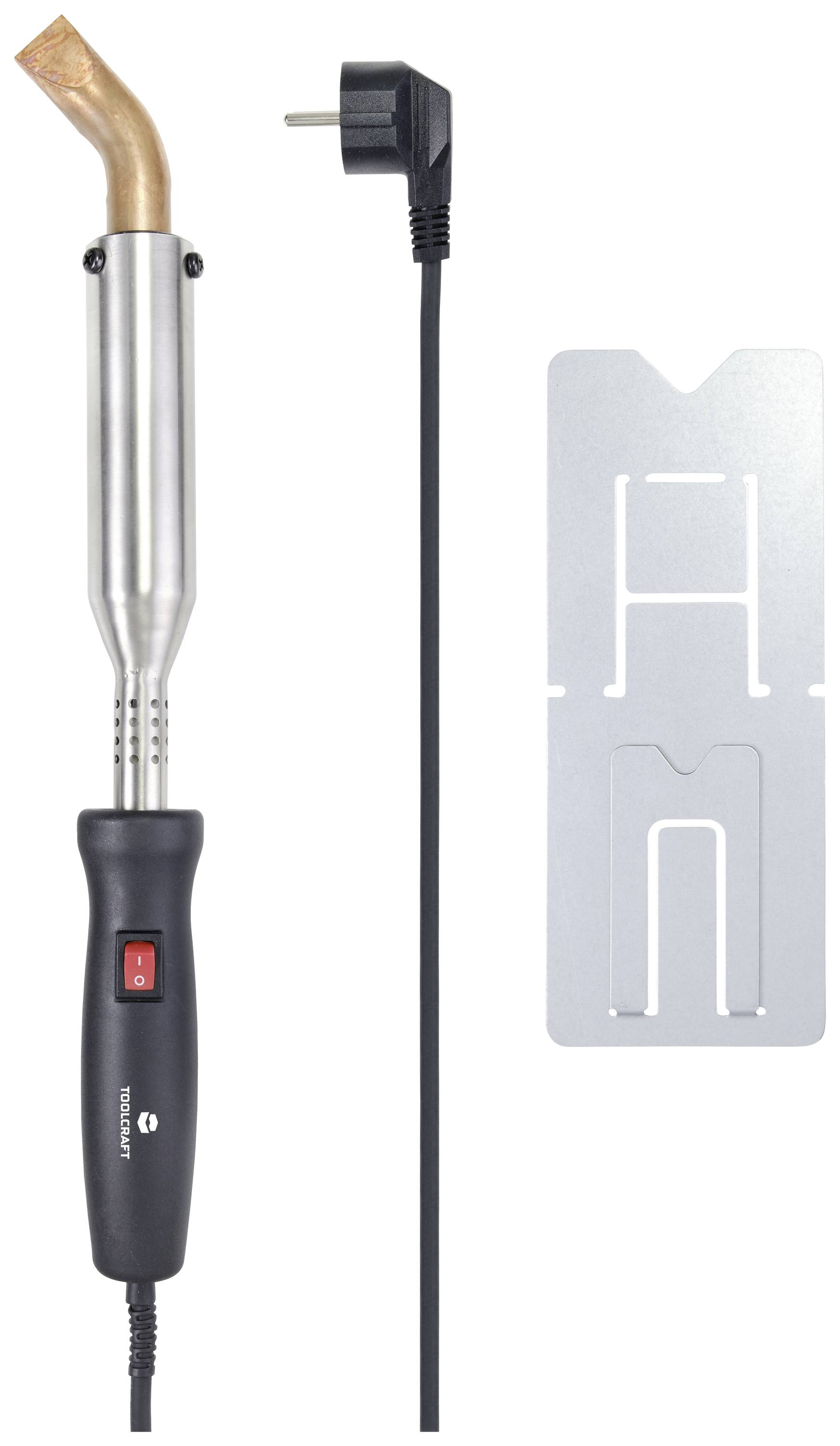 Lockenstab mit langem Kabel und elastischem Aufsatz, neben einer silbernen Halterung.