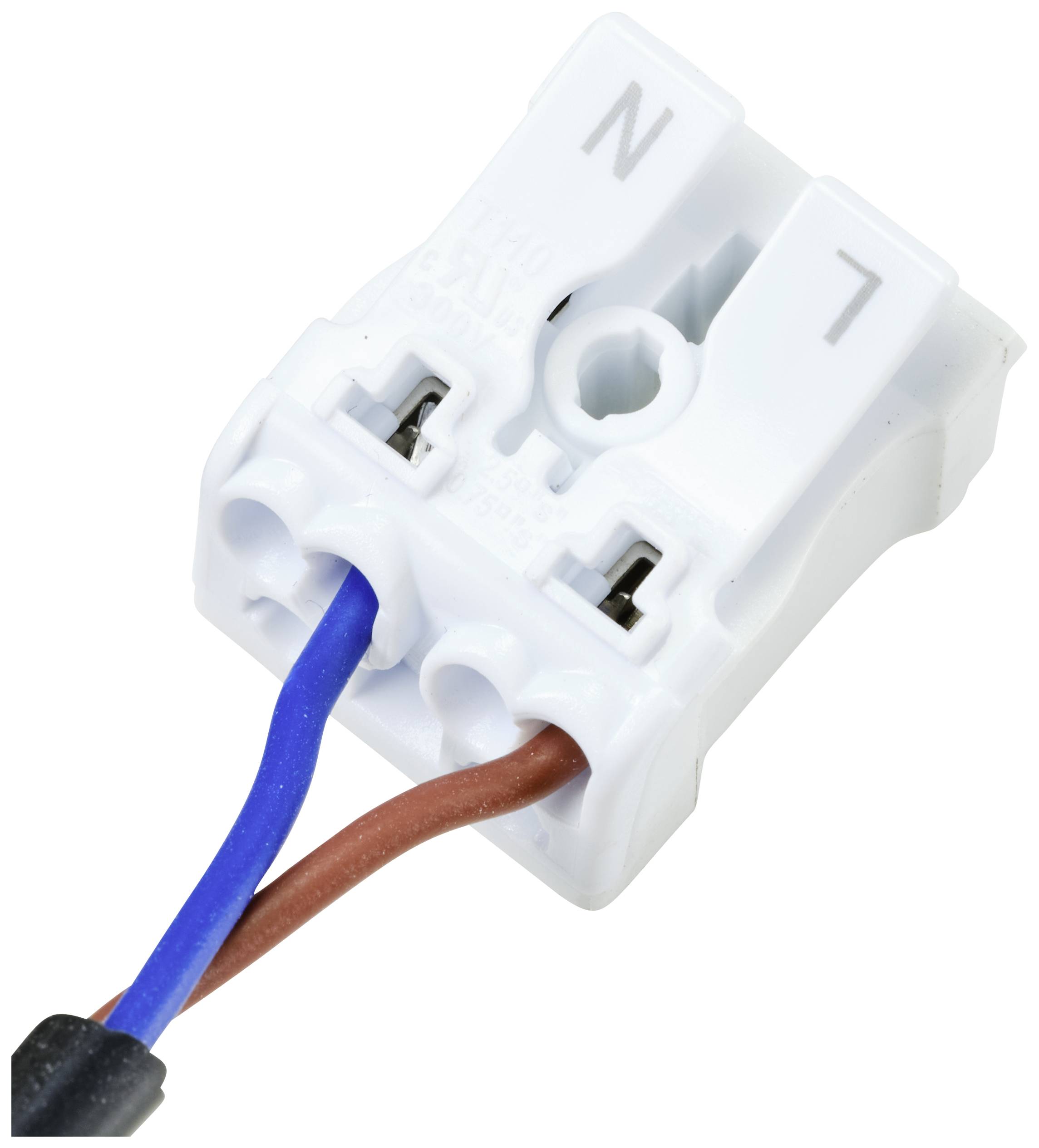 Eine weiße elektrische Anschlussklemme mit zwei angeschlossenen Drähten, blau und braun, beschriftet mit 'N' für Neutralleiter und 'L' für Leiter.
