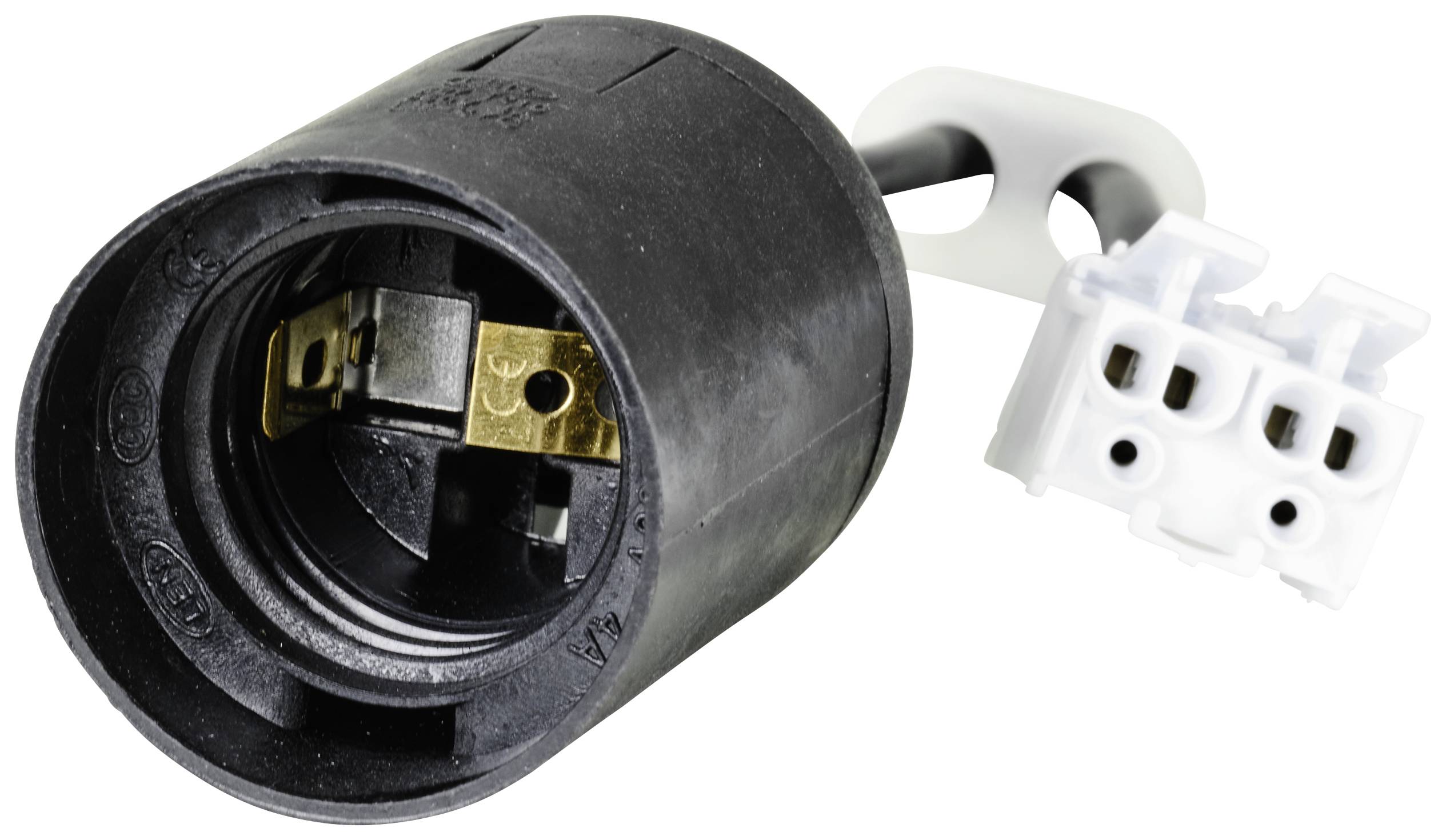 Ein schwarzer Adapter mit metallischen Kontakten auf der linken Seite und einer weißen dreifachen Steckverbindung auf der rechten Seite.