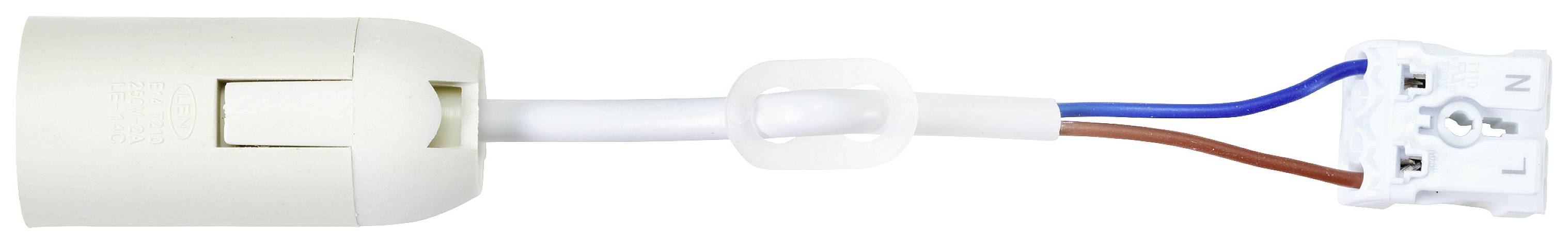 Ein Stecker mit einem weißen Kunststoffgehäuse ist mit einem Kabel verbunden, das zu einem weißen Kabelanschluss führt.