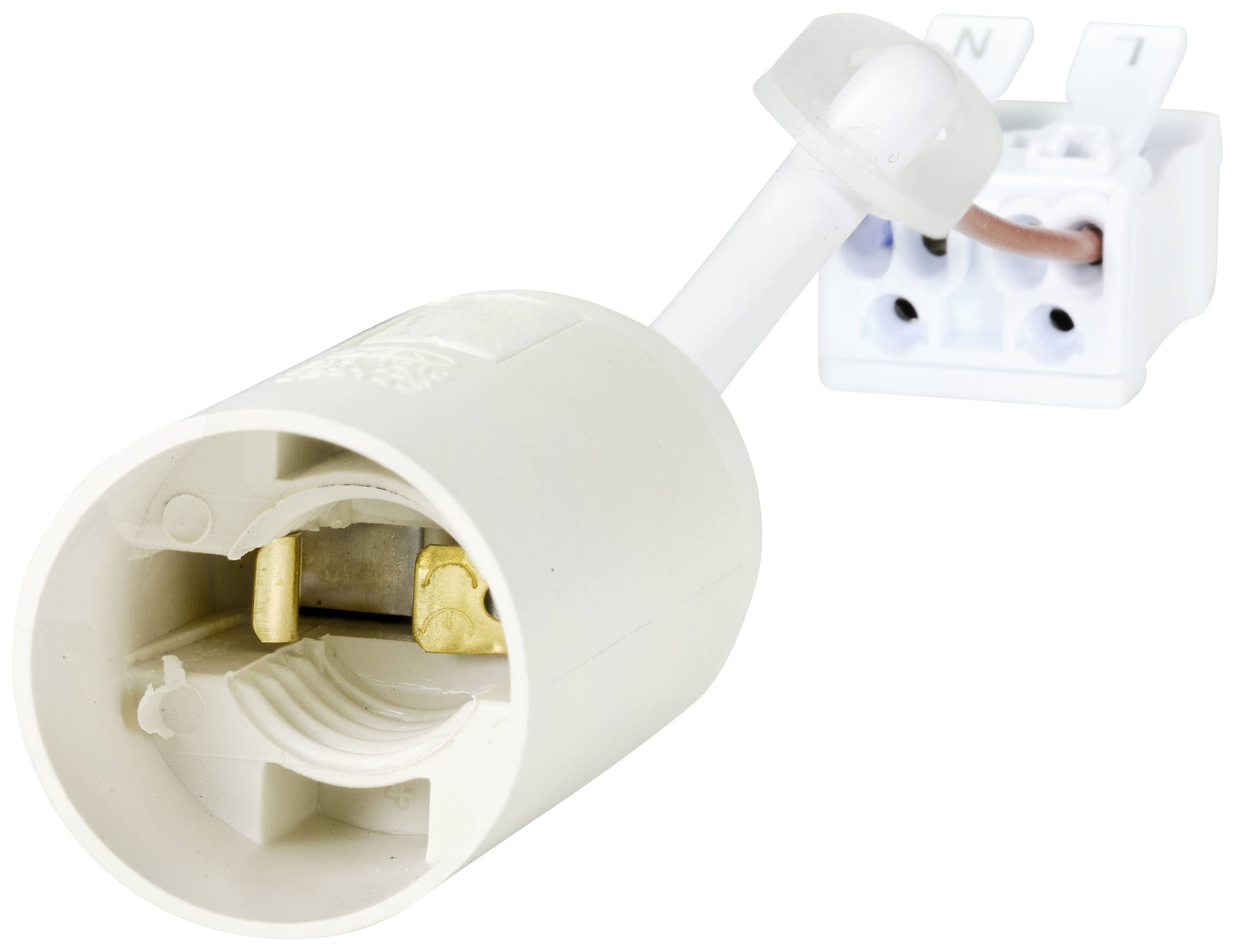 Ein weißer, offener Stecker mit sichtbaren Metallkontakten und Kabelverbindungen, bereit zur Montage oder Reparatur.