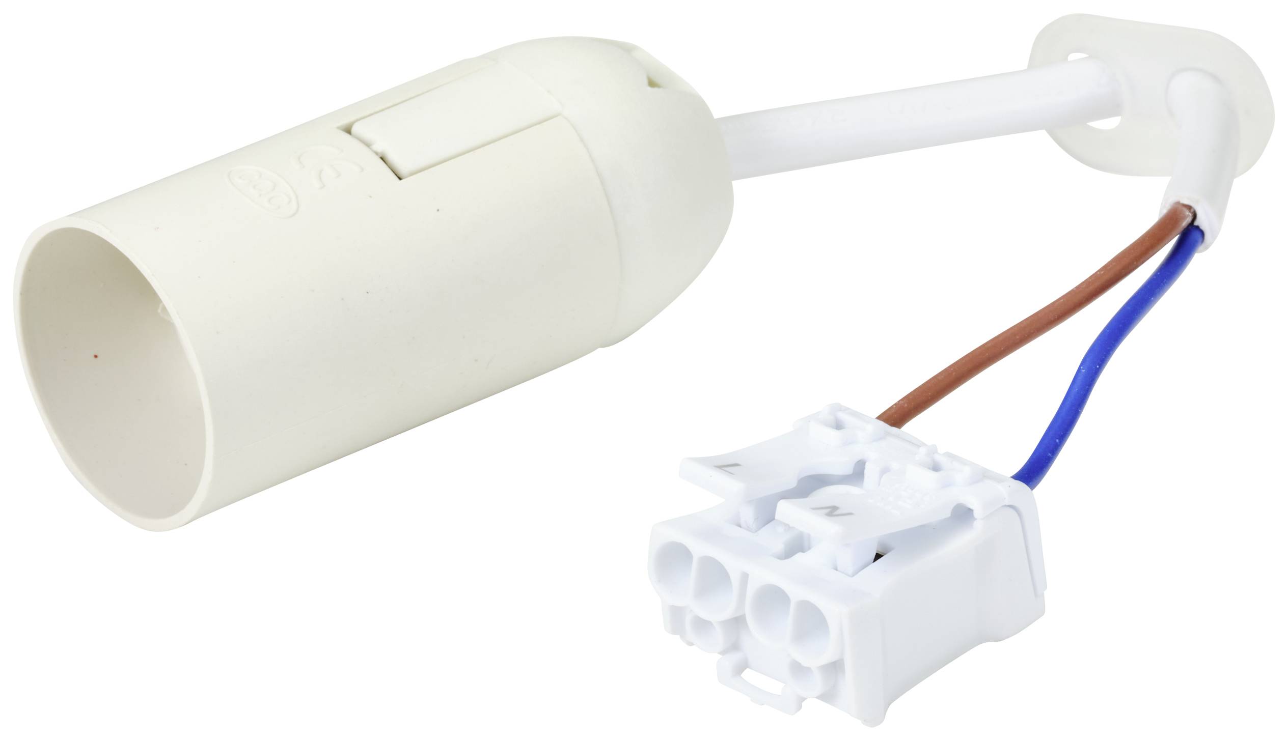 Ein weißer Lampenfassung mit einem Kabel und einem weißen elektrischen Anschluss. Geeignet zum Anschluss einer Glühbirne.