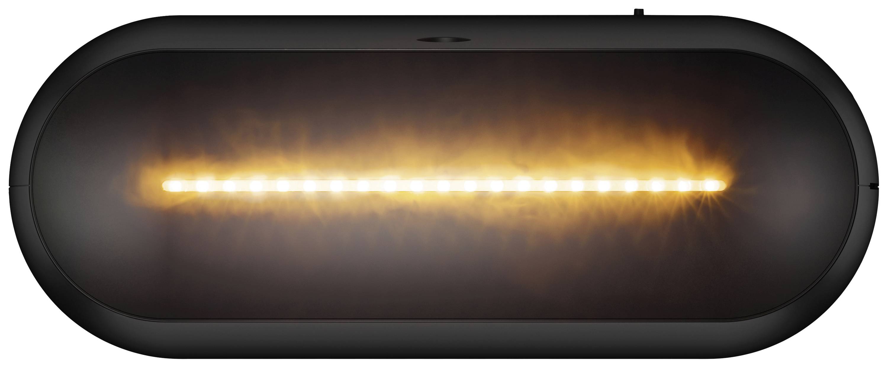 Ein rechteckiges Objekt mit abgerundeten Ecken und einer horizontal angeordneten, leuchtenden Reihe von LED-Lichtern in der Mitte.