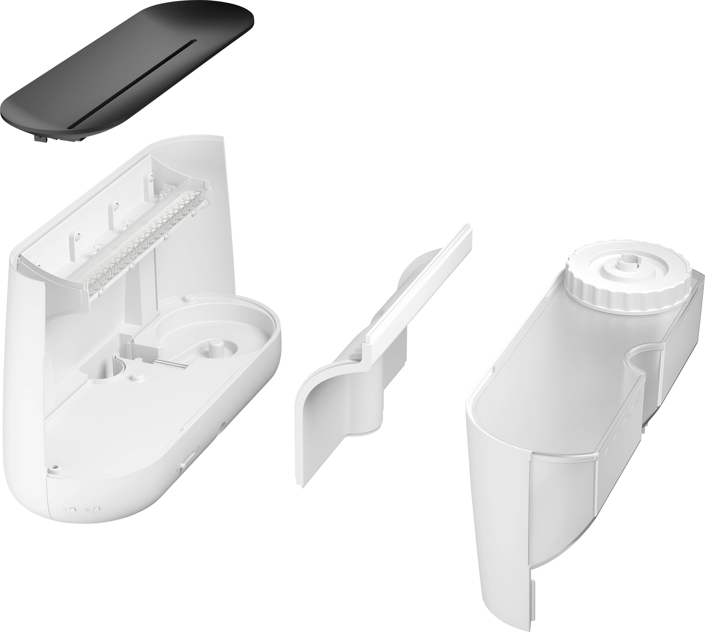 Weißes Gerät mit mehreren abgetrennten Komponenten, einschließlich einer Abdeckung und Innenfächer, zeigt technischen Aufbau.
