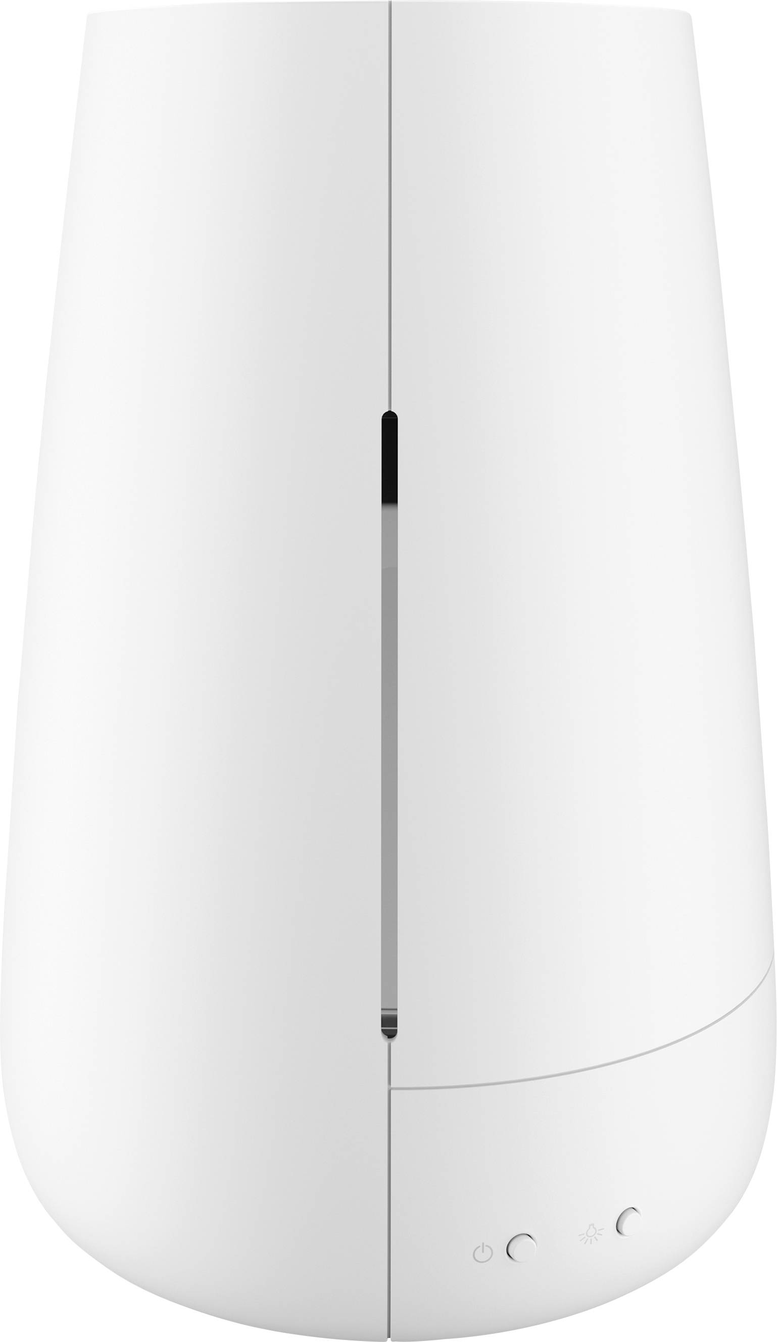 Ein weißer, schlanker, zylinderförmiger WLAN-Router mit minimalistischem Design und drei Steuerknöpfen an der Unterseite.