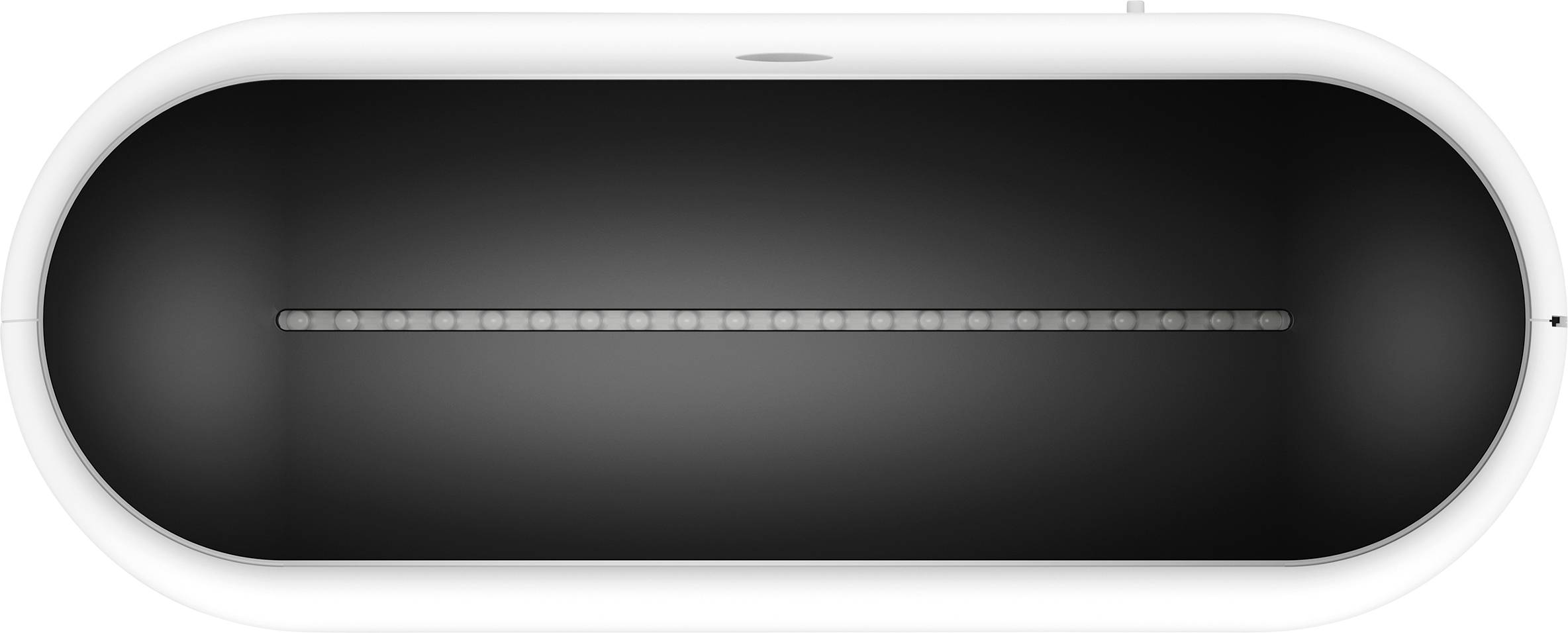 Ein ovales, schwarzes NFT Kunstwerk in einem weißen, schlichten Rahmen, das digital beleuchtet ist.