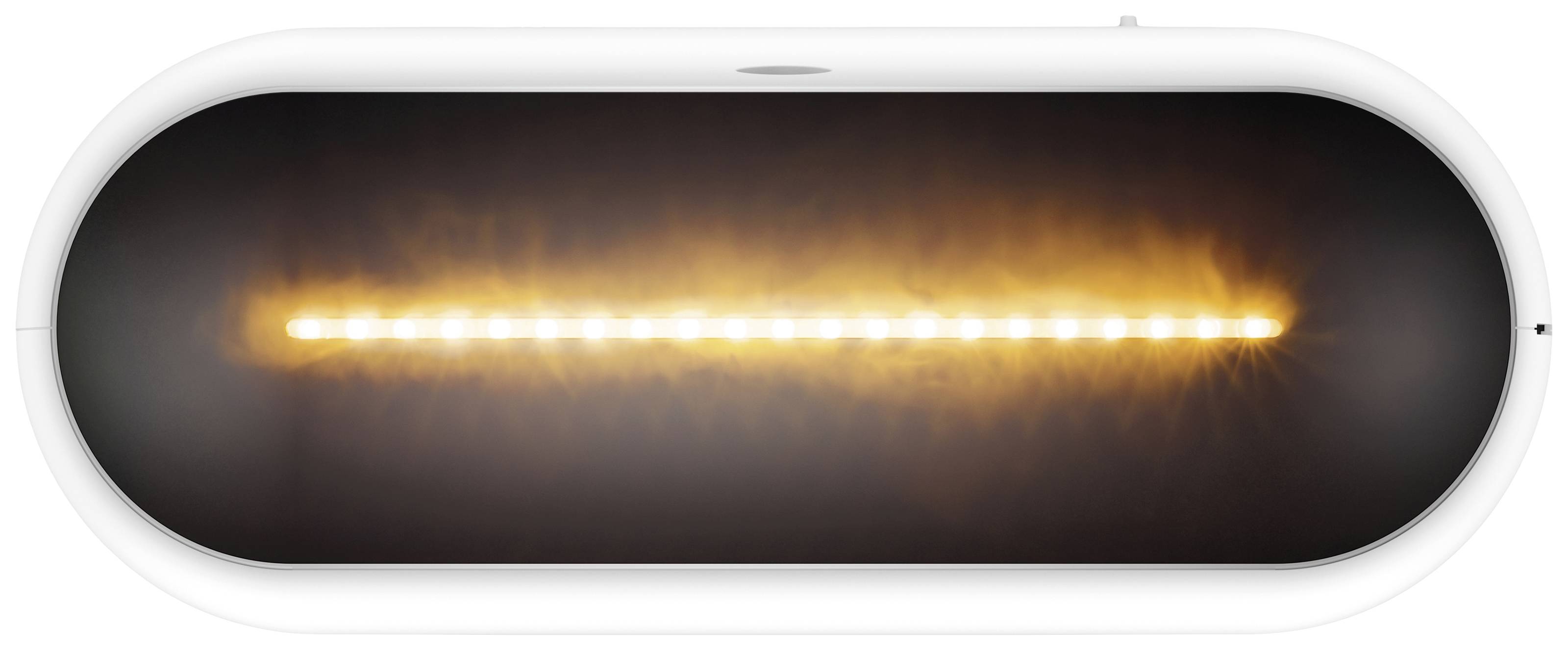 Eine weiße, ovale Lampe mit einer Reihe leuchtend gelber LEDs in der Mitte, erzeugt ein warmes, gleichmäßiges Licht.