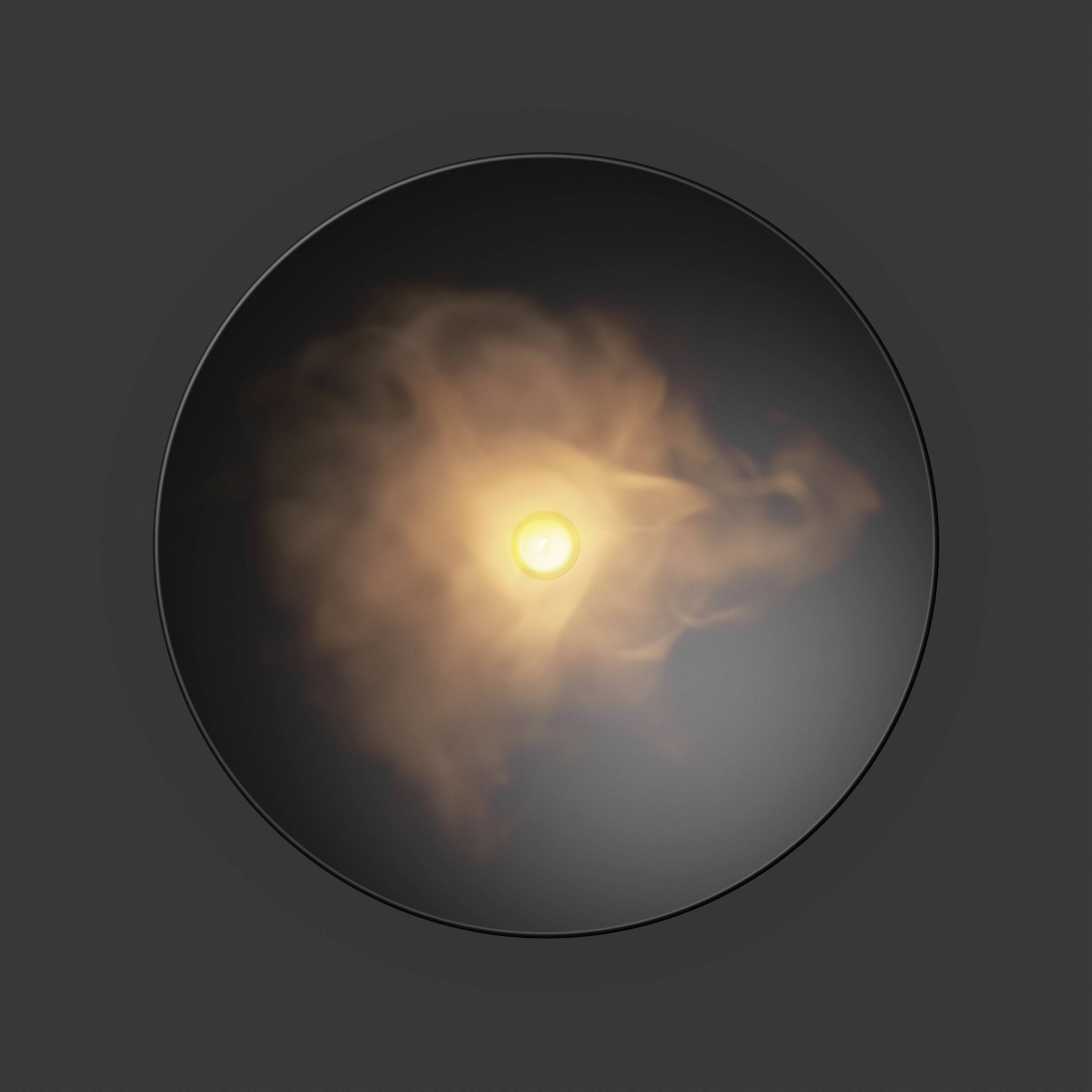 Leuchtende Kugel in nebliger Wolke vor dunklem Hintergrund, erzeugt ein mysteriöses und dramatisches visuelles Erlebnis.